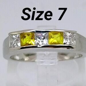 Vintage 90s Silver Tone Yellow Clear Princess Cut Channel Set Band Ring Size 7